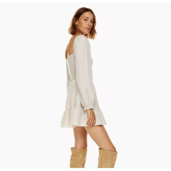 Aritzia Wilfred Tempest Organic Linen Smocked Mini Dress Sz S Tapioca Yellow - Picture 11 of 11